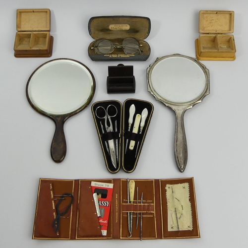 367 - Mauchline ware boxes, two dressing table mirrors, sewing kits, snuff box and a cased pair of glasses... 