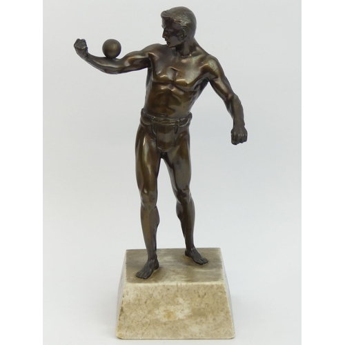 375B - A pre-war German bronze figure of an athlete on a grey marble base. 29cm. UK Postage £16.