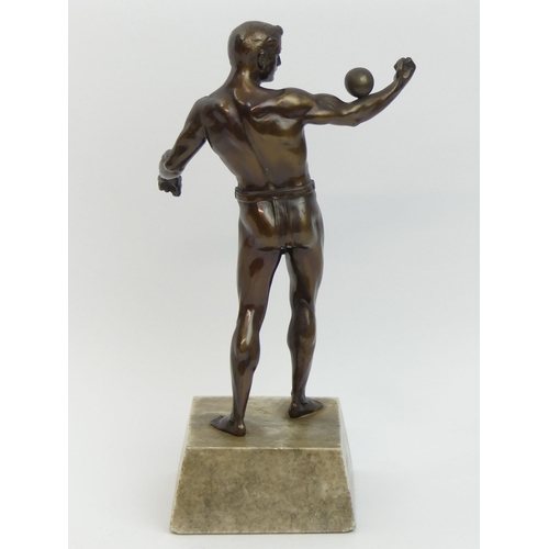 375B - A pre-war German bronze figure of an athlete on a grey marble base. 29cm. UK Postage £16.