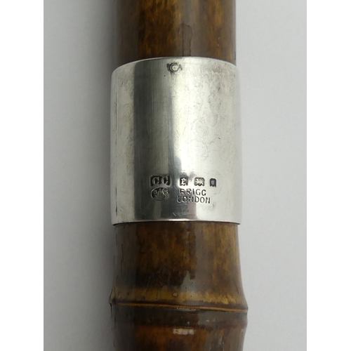 394E - A Brigg bamboo walking stick with a kosh inside and a silver collar, London 1920, 97cm. UK Postage £... 