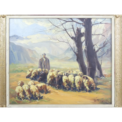 400H - Gilt framed oil on canvas of a Shepherd and his flock, signed lower right. 59 x 51 cm. Collection on... 