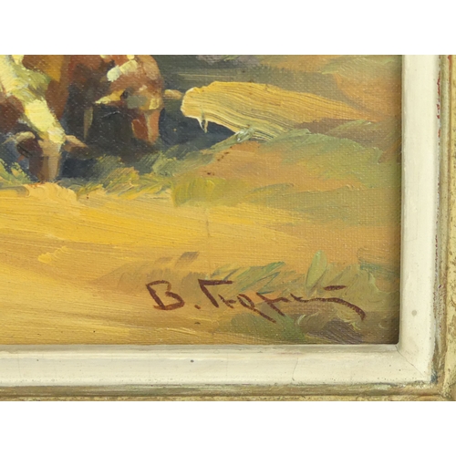 400H - Gilt framed oil on canvas of a Shepherd and his flock, signed lower right. 59 x 51 cm. Collection on... 