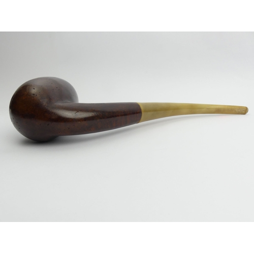 436 - Very Large un-smoked smooth bent billiard French briar, with a horn mouthpiece, 35cm/14” long, bowl ... 