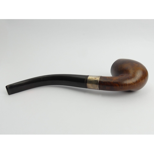 437 - Giant smooth bent briar with vulcanite mouthpiece and silver band, 26cm/10 ¼”, bowl 7 ½ cm /3” UK Po... 