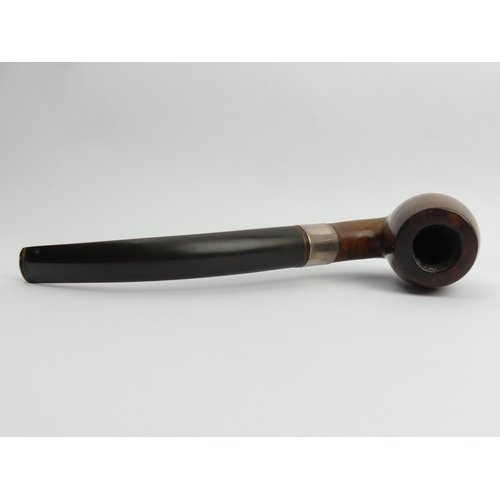 437 - Giant smooth bent briar with vulcanite mouthpiece and silver band, 26cm/10 ¼”, bowl 7 ½ cm /3” UK Po... 