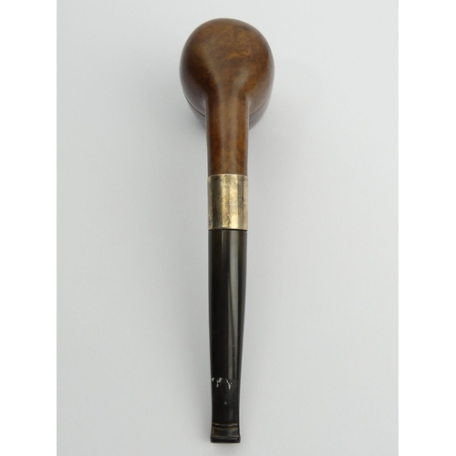 438 - Giant smooth, straight briar with vulcanite mouthpiece and silver band, 25cm/10” long, bowl 9cm/ 3 ½... 