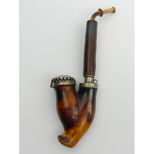 452 - A German or possibly Austrian meerschaum elbow pipe, C.1850 with silver mounts, the lid etched with ... 