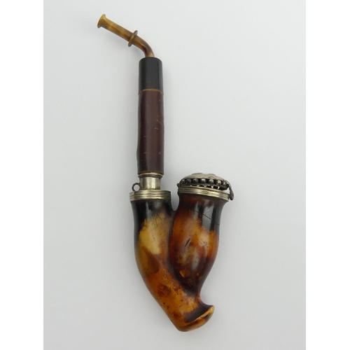 452 - A German or possibly Austrian meerschaum elbow pipe, C.1850 with silver mounts, the lid etched with ... 