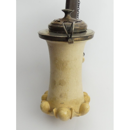 453 - A C.1850 German or Austrian meerschaum elbow pipe with silver mounts and lid and chain, cherrywood s... 