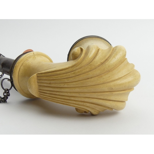 453 - A C.1850 German or Austrian meerschaum elbow pipe with silver mounts and lid and chain, cherrywood s... 