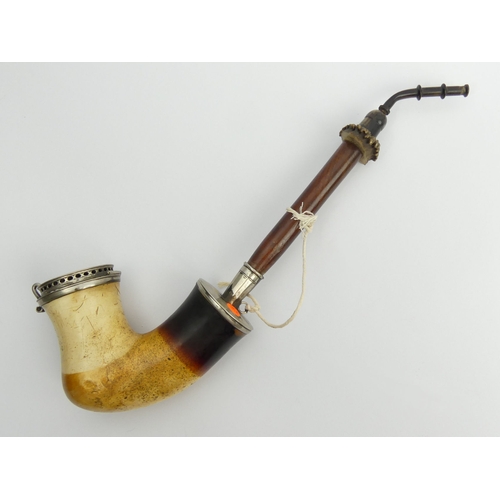 455 - A C.1850 German or Austrian meerschaum elbow pipe with silver mounts and lid engraved with motto, ch... 