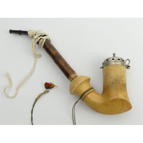 460 - A C.1850 German or Austrian elbow pipe with silver mounts and lid, cherry wood stem and staghorn mou... 