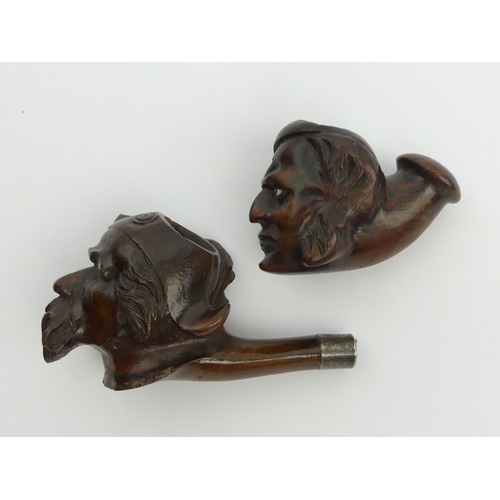 466 - Two carved French briar bowls, one of a man in a hat with a plume and the other a sailor with porcel... 