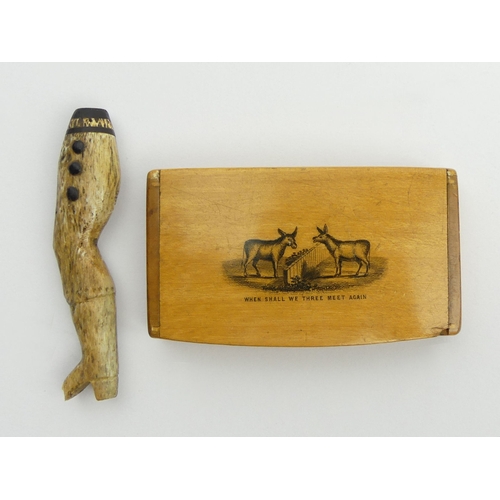 632 - An amusing satin wood snuff box with a transfer of two donkeys ‘when will we three meet again’ Adolf... 