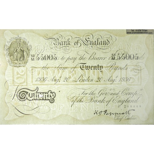 172 - Bank of England Peppiatt twenty pounds note 1936. UK Postage £5.