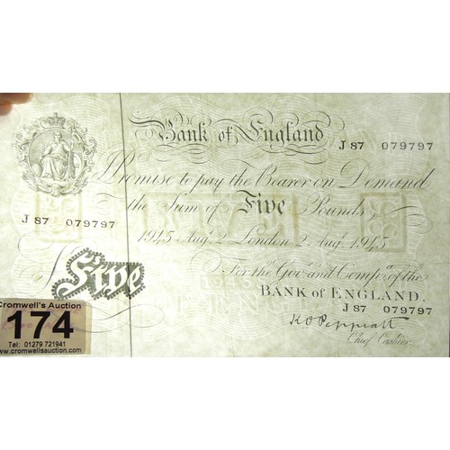 174 - Bank of England Peppiatt five pounds note, 1945. UK Postage £5.