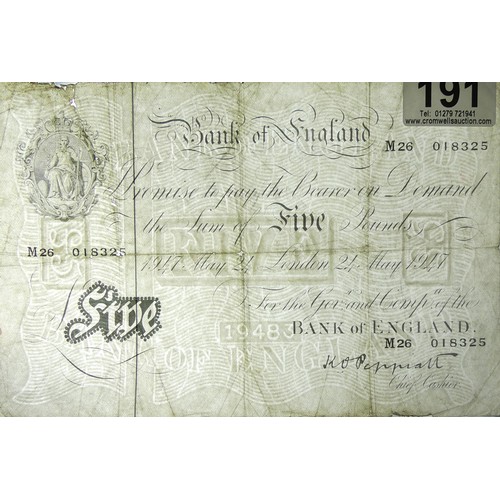 191 - 1947 Bank of England white five pounds note Peppiatt. UK Postage £5.