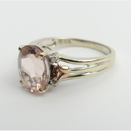 12 - 9ct gold pink quartz with red gold flowers and diamond ring, 2.7 grams, 9.9mm, size N.