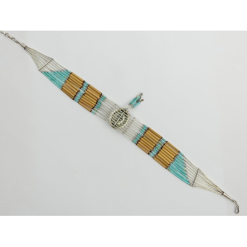 14 - Native American sterling silver, turquoise and reed necklace, 19.4 grams, 39cm x 6cm.
