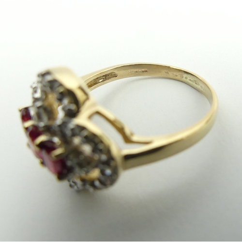 21 - 9ct gold topaz and spinel fancy design ring, 4.1 grams, 15.8mm, size P.