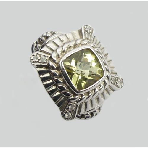 5 - Sterling silver green citrine set ring, 11.8 grams, 17.5mm, size N1/2.