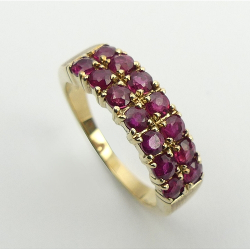 6 - 9ct gold 14 stone ruby ring, 4.1 grams, 6mm, size N.