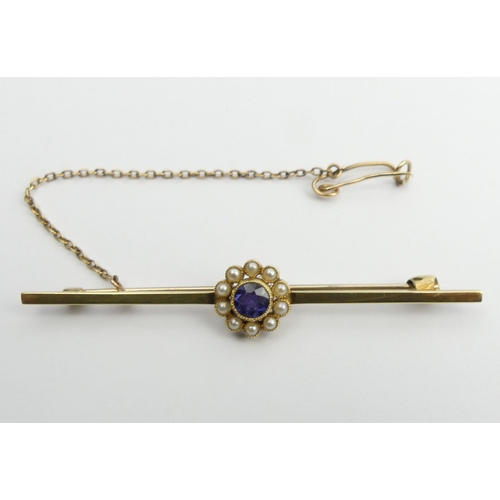 29 - 15ct gold sapphire and seed pearl brooch, 4 grams, 60 x 10mm.