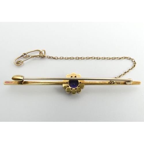 29 - 15ct gold sapphire and seed pearl brooch, 4 grams, 60 x 10mm.
