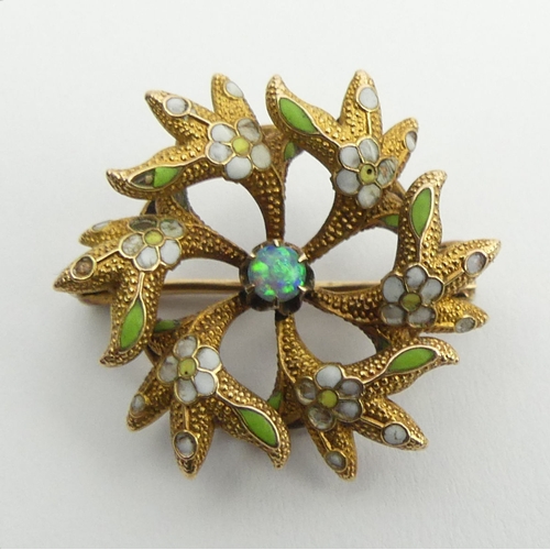 30 - 10ct gold opal and enamel brooch, 2.1 grams.