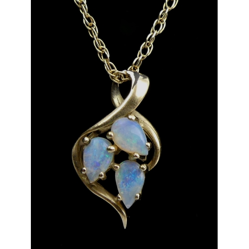 33 - 9ct gold opal pendant and chain 2.6 grams, pendant 20mm long, chain 44cm.