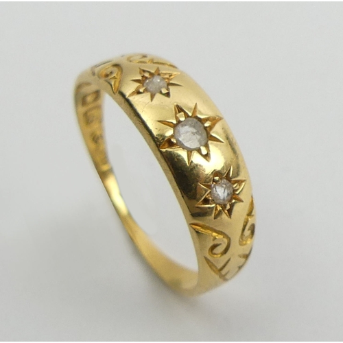 40 - Edwardian 18ct gold three stone diamond ring, Birm. 1907, 2 grams, 5.4mm, size J1/2.