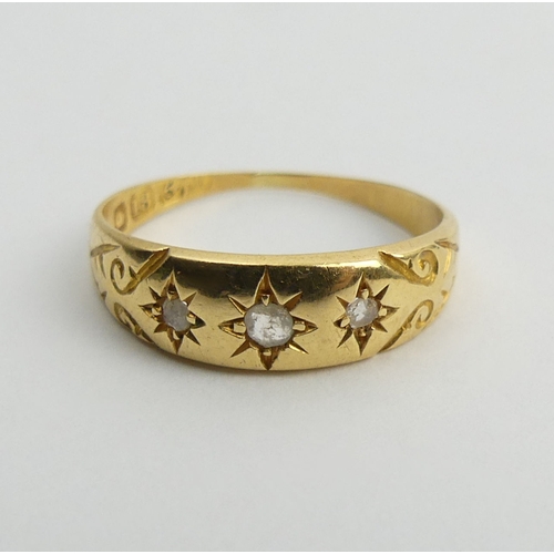 40 - Edwardian 18ct gold three stone diamond ring, Birm. 1907, 2 grams, 5.4mm, size J1/2.
