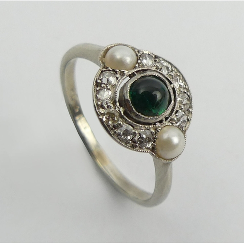 44 - 18ct gold and platinum emerald diamond and split pearl ring, 2.3 grams, 9.6mm, size L1/2.