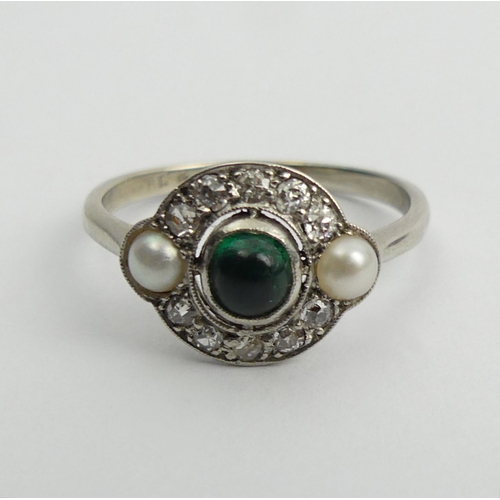 44 - 18ct gold and platinum emerald diamond and split pearl ring, 2.3 grams, 9.6mm, size L1/2.