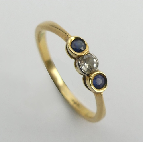 48 - 18ct gold sapphire and diamond three stone ring, 2.1 grams, 2.9mm, size P.