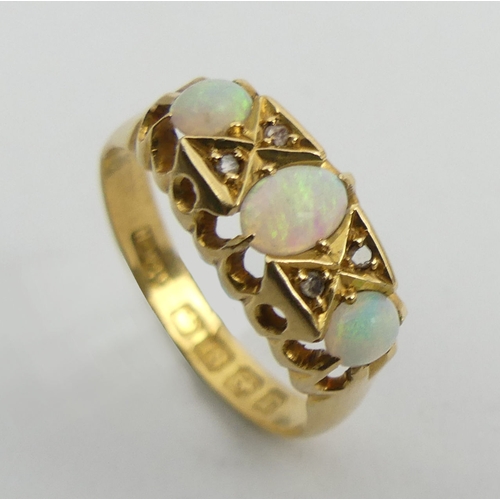 51 - George V 18ct gold opal and diamond ring, Birm.1916, 2.7 grams, 7mm, size K1/2.