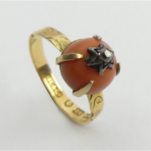 52 - Victorian 18ct gold coral and diamond ring, Birm.1867, 2.9 grams, 8.9mm, size L1/2.