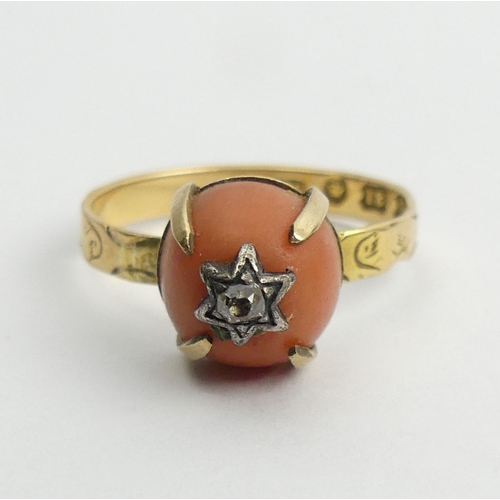52 - Victorian 18ct gold coral and diamond ring, Birm.1867, 2.9 grams, 8.9mm, size L1/2.