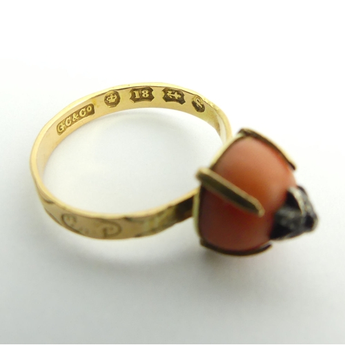 52 - Victorian 18ct gold coral and diamond ring, Birm.1867, 2.9 grams, 8.9mm, size L1/2.