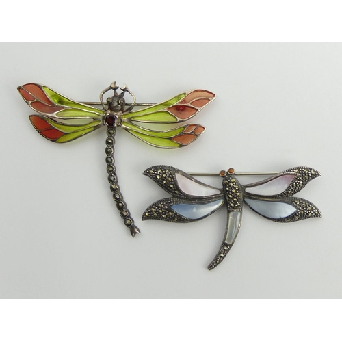 56 - Sterling silver plique a jour dragonfly brooch and an abalone and marcasite example, 15.4 grams, lar... 