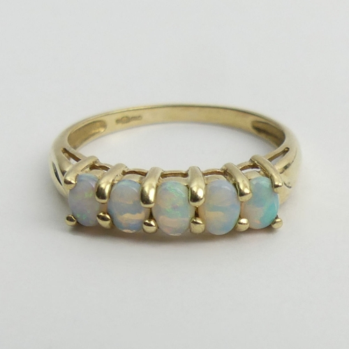 59 - 9ct gold five stone opal ring, 1.8 grams, 4mm, size O.