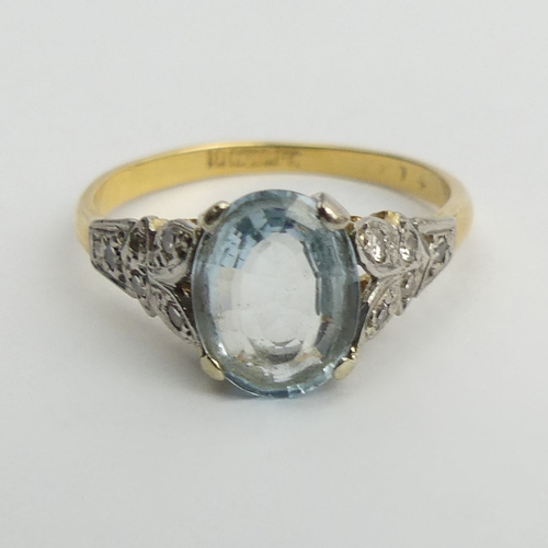 61 - 18ct gold and platinum aquamarine and diamond ring, 3 grams, 8.6mm, size N1/2.