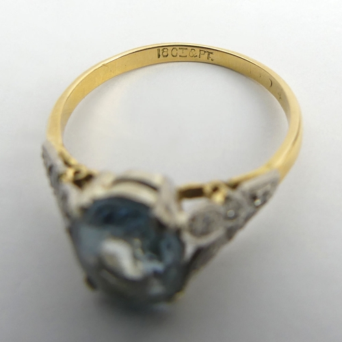 61 - 18ct gold and platinum aquamarine and diamond ring, 3 grams, 8.6mm, size N1/2.