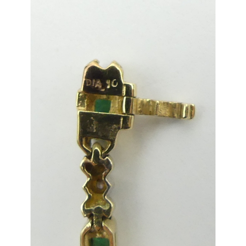 62 - 9ct gold (tested) emerald and diamond line bracelet, 9.8 grams, 18cm x 3mm.