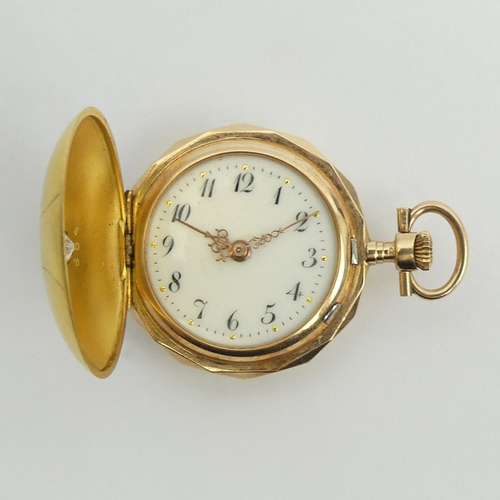 68 - 14ct gold diamond (approx 1/4 ct) set hunter pocket watch, 28 x 40mm.