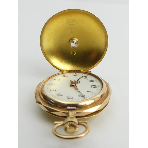 68 - 14ct gold diamond (approx 1/4 ct) set hunter pocket watch, 28 x 40mm.