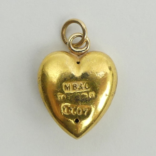 78 - 15ct gold seed pearl set heart pendant, Birm. 1903, 1.2 grams 12.2mm.