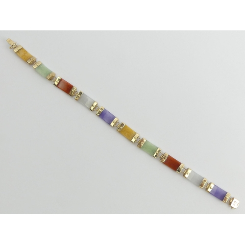 95 - 9ct gold multi-coloured jade set bracelet, 10.6 grams, 17cn x 7.3mm.