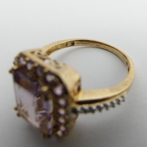 98 - 9ct gold amethyst topaz and diamond ring, 3.4 grams, 13.9mm, size N1/2.