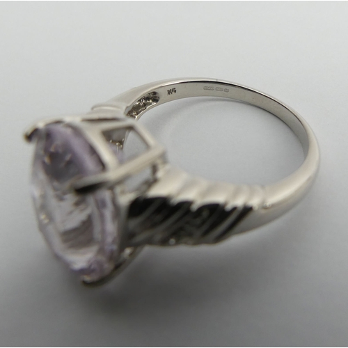 101 - 9ct white gold amethyst and diamond ring 5.2 grams, 14mm, size N1/2.